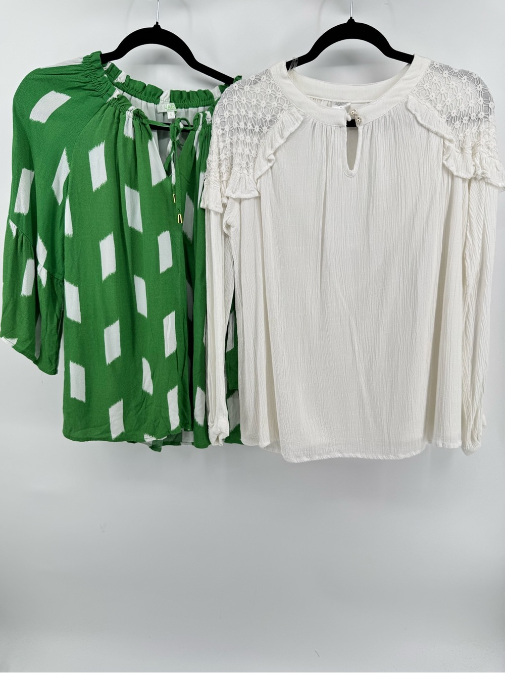 Women’s White Crochet Yoke Long-Sleeve Blouse & Jade Green  Blouse Women's Sz S